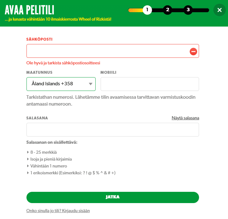 rekisteröityminen Rizk Kampanjakoodila